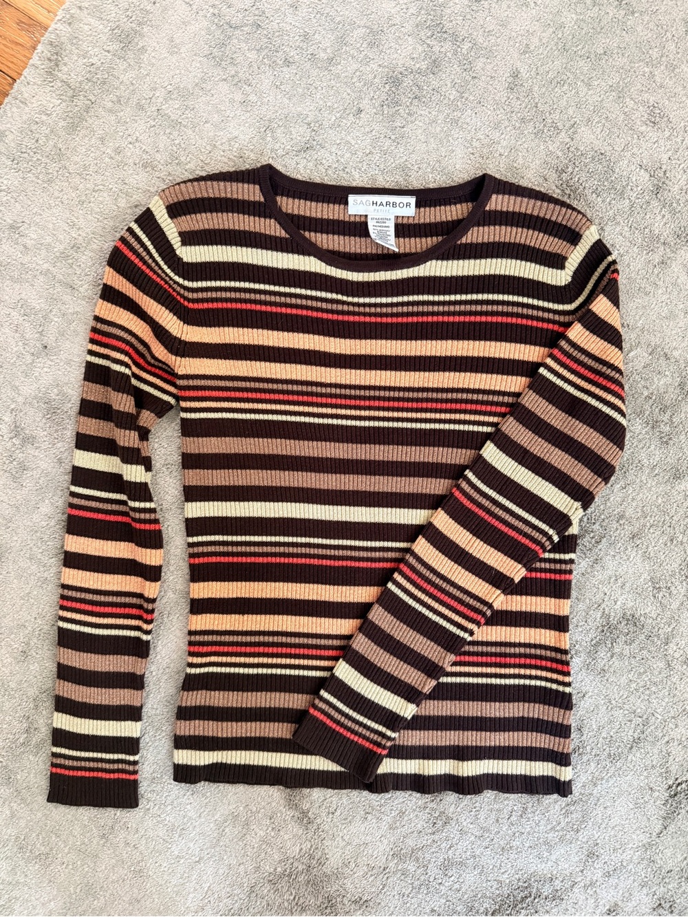 Sag Harbor Brown Multi-Stripe Ribbed Sweater